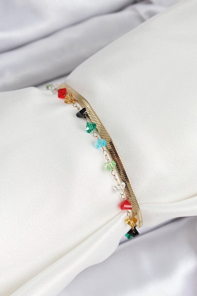 316L Çelik Gold Renk Kristal Karışık Renkli Taşlı 2'li Kadın Bileklik