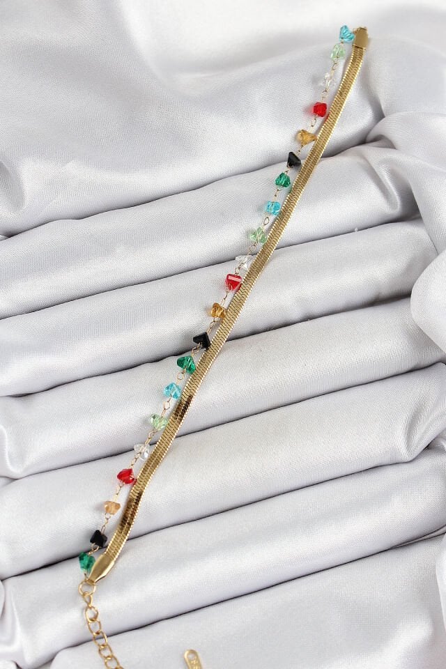 316L Çelik Gold Renk Kristal Karışık Renkli Taşlı 2'li Kadın Bileklik