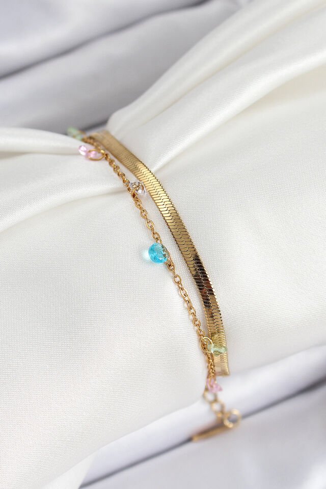 316L Çelik Gold Renk Karışık Renkli Kristal Taşlı 2'li Kadın Bileklik