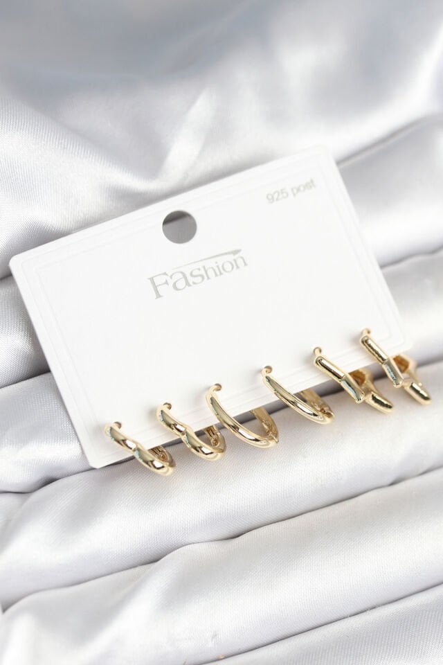 Pirinç Gold Renk Kalp Yıldız ve Halka Model 925 Ayar Gümüş Çivili Kadın Küpe Seti