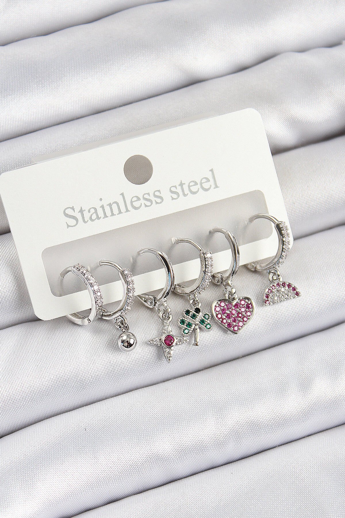 Pirinç Zirkon Taşlı Karpuz Yonca Kalp Pusula Karışık Model Gümüş Renk 6'lı Set Kadın Küpe