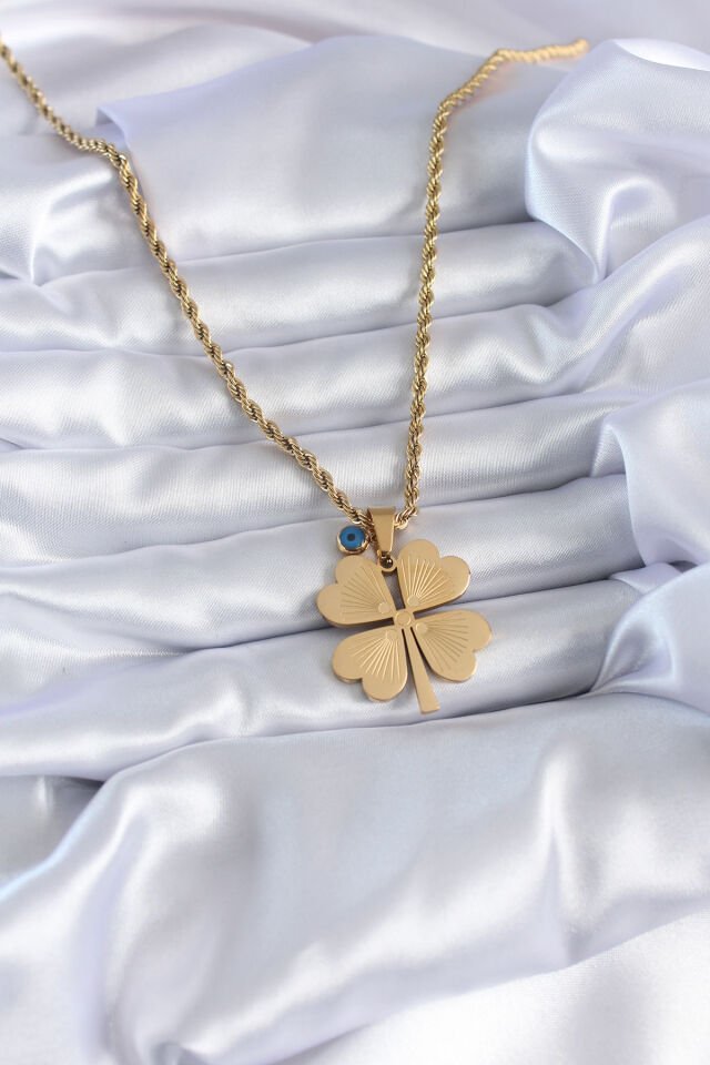 316L Çelik Gold Renk Burgu Model İşlemeli Yonca Figür Nazar Boncuk Detay Kadın Kolye