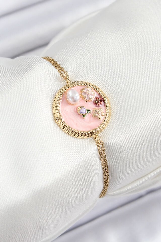 316L Çelik Zincir Pembe Mineli Sanatsal Portre İnci Detaylı Çiçek Model Gold Renk Kadın Bileklik