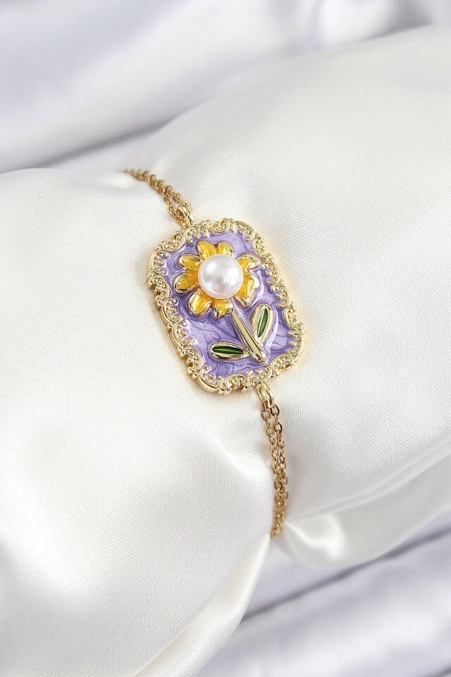 316L Çelik Zincir Mor Mineli Sanatsal Portre İnci Detaylı Papatya Model Gold Renk Kadın Bileklik