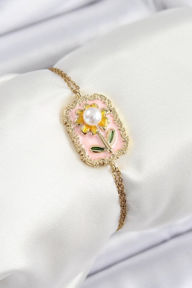 316L Çelik Zincir Pembe Mineli Sanatsal Portre İnci Detaylı Papatya Model Gold Renk Kadın Bileklik