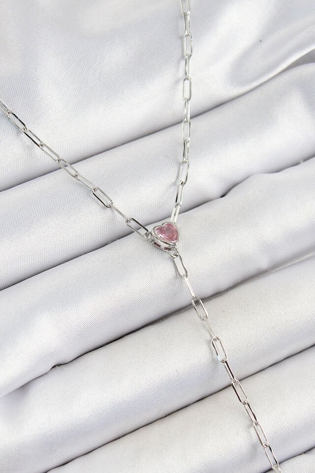 Pirinç Zirkon Taşlı Pembe Kalp Figürlü Y Model Gümüş Renk Kadın Kolye