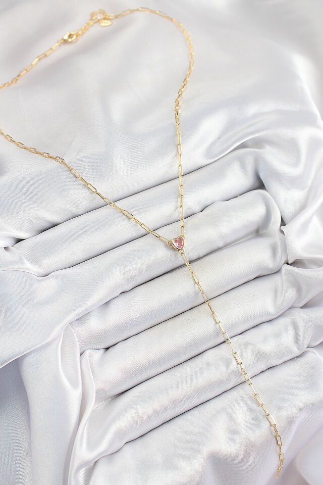 Pirinç Zirkon Taşlı Pembe Kalp Figürlü Y Model Gold Renk Kadın Kolye