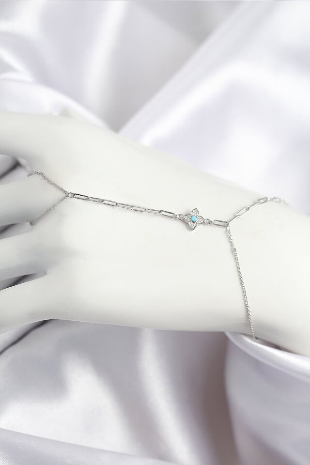 Pirinç Zirkon Taşlı Mavi Boncuklu Yonca Model Gümüş Renk Şahmeran