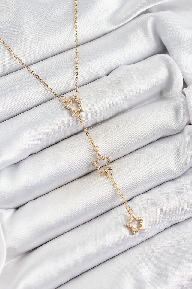 316L Çelik Zirkon Taşlı Yıldız Figürlü Y Model Gold Renk Kadın Kolye