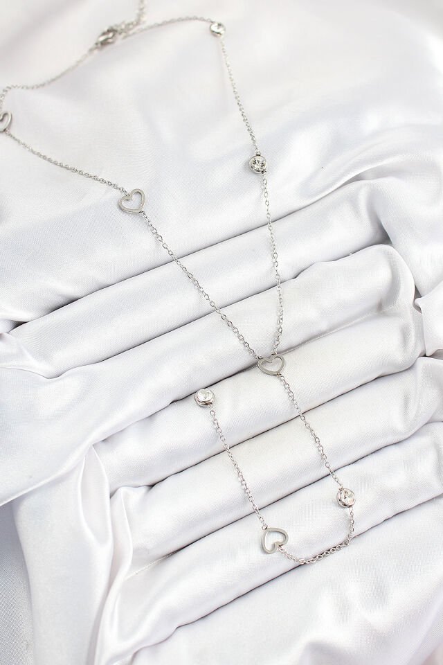 316L Çelik Zirkon Taşlı Kalp Figürlü Y Model Gümüş Renk Kadın Kolye