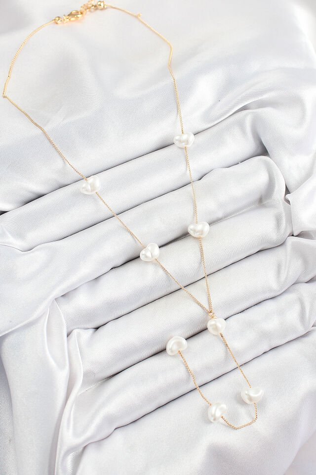 Pirinç İncili Kalp Figürlü Y Model Gold Renk Kadın Kolye