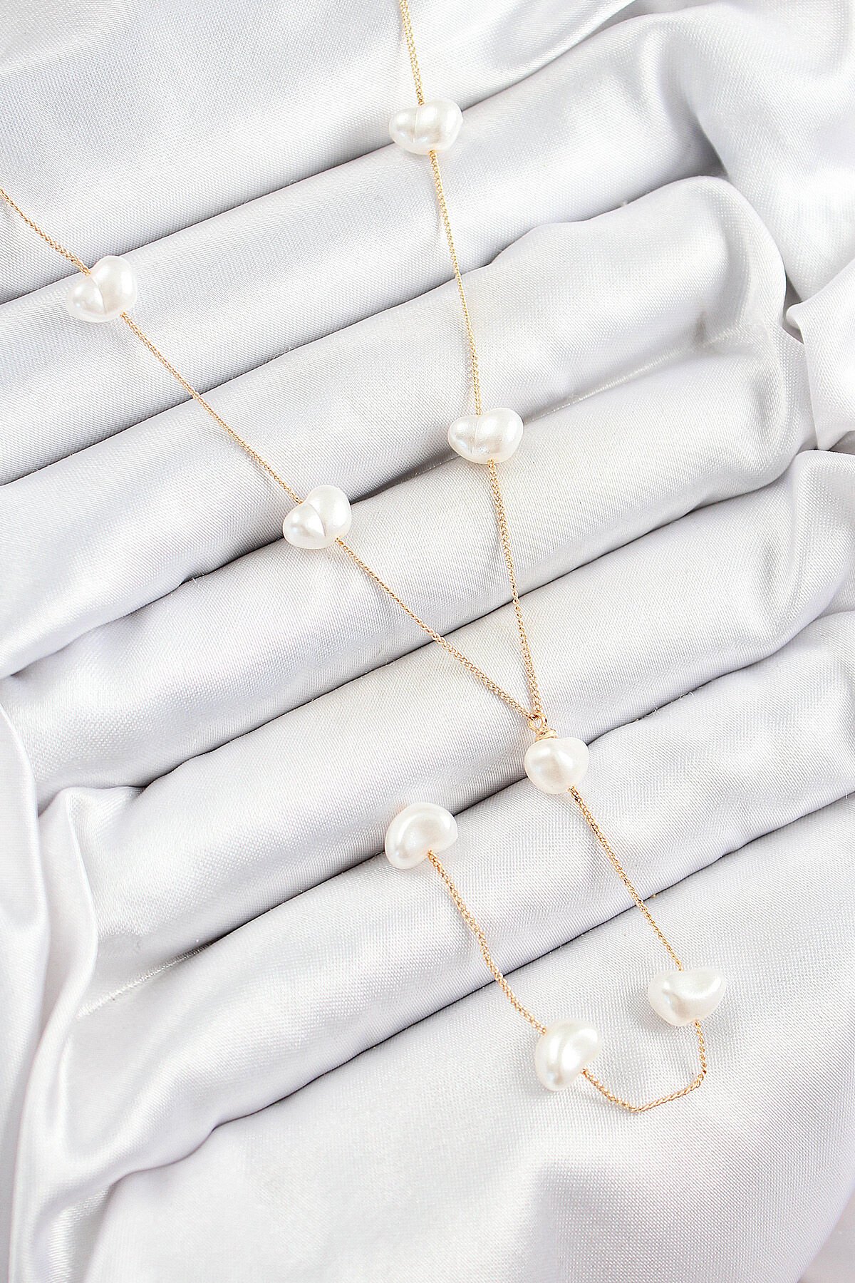 Pirinç İncili Kalp Figürlü Y Model Gold Renk Kadın Kolye