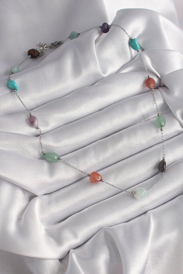 316L Çelik Gümüş Renk Zincir Renkli Doğaltaş Model Kadın Kolye