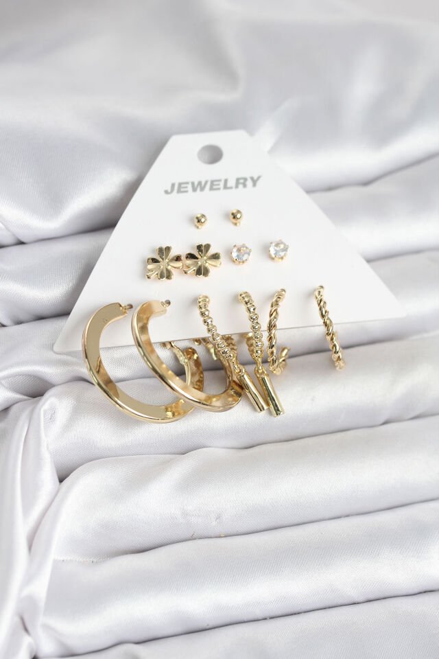 Pirinç Gold Renk 6 Çift Kadın Küpe Seti