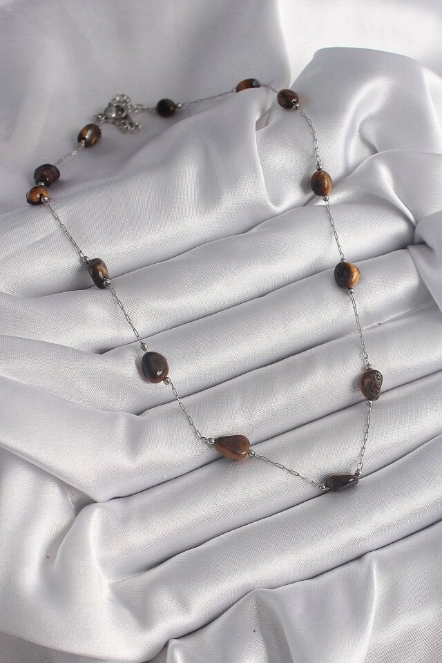 316L Çelik Gümüş Renk Zincir Kahverengi Doğaltaş Model Kadın Kolye