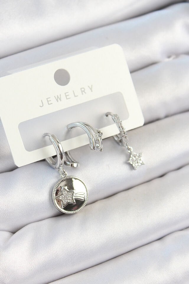 Pirinç Zirkon Taşlı Sallantılı Yıldız Model Gümüş Renk 3'lü Çift Kadın Küpe Set