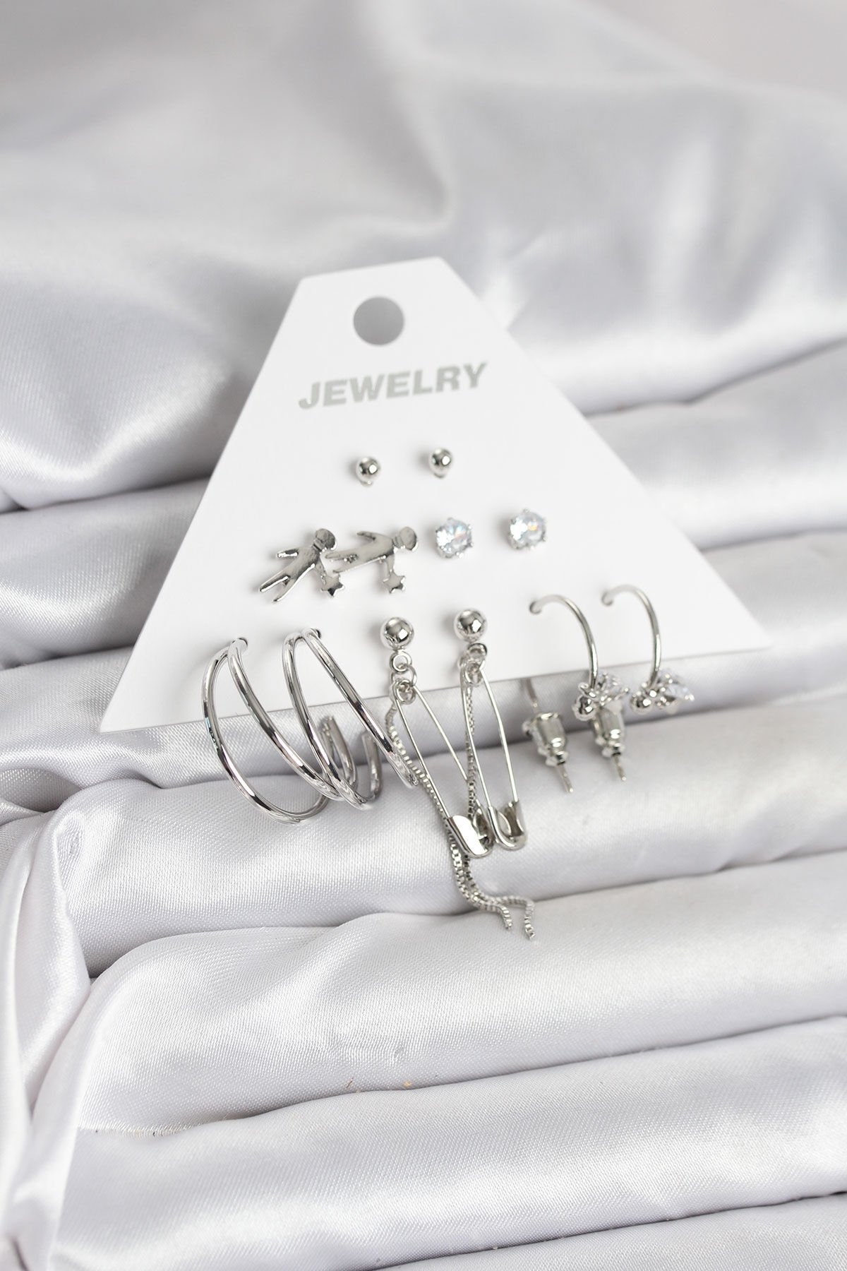 Pirinç Gümüş Renk 6'lı Kadın Küpe Seti