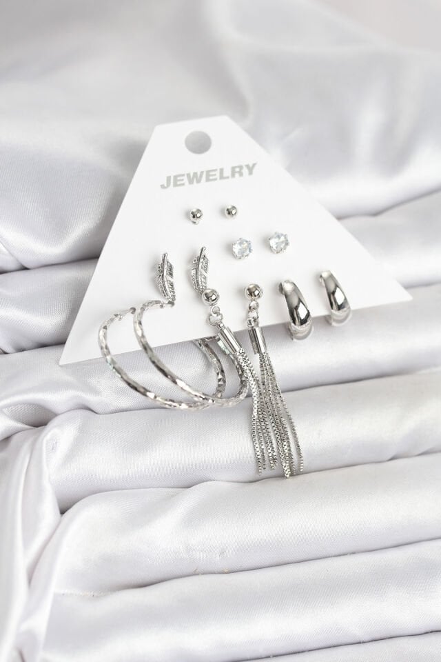 Gümüş Renk Pirinç 6 Çiftli Kadın Küpe Seti