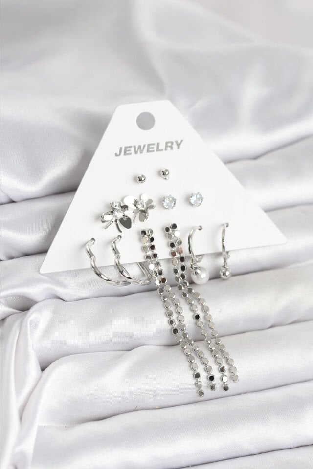 Pirinç Gümüş Renk 6 Çift Kadın Küpe