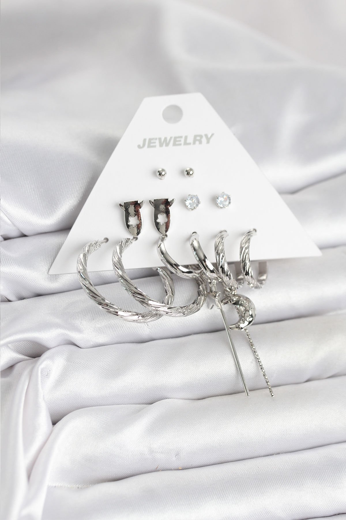 Gümüş Renk Pirinç 6'lı Kadın Küpe Seti