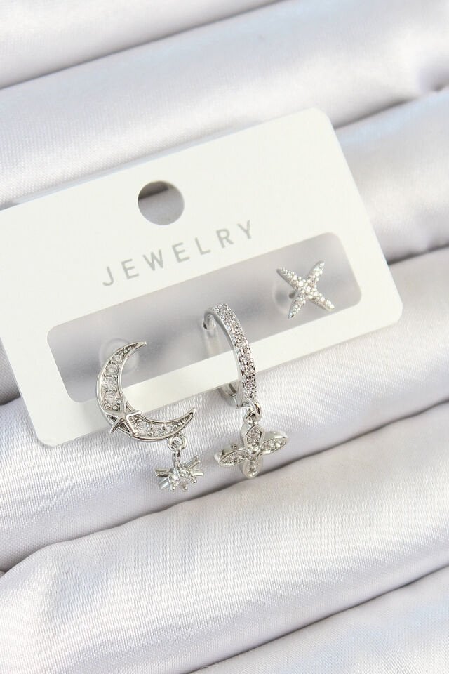 Pirinç Zirkon Taşlı Çiçek Ve Ay Model Gümüş Renk 3'lü Çift Kadın Küpe Set