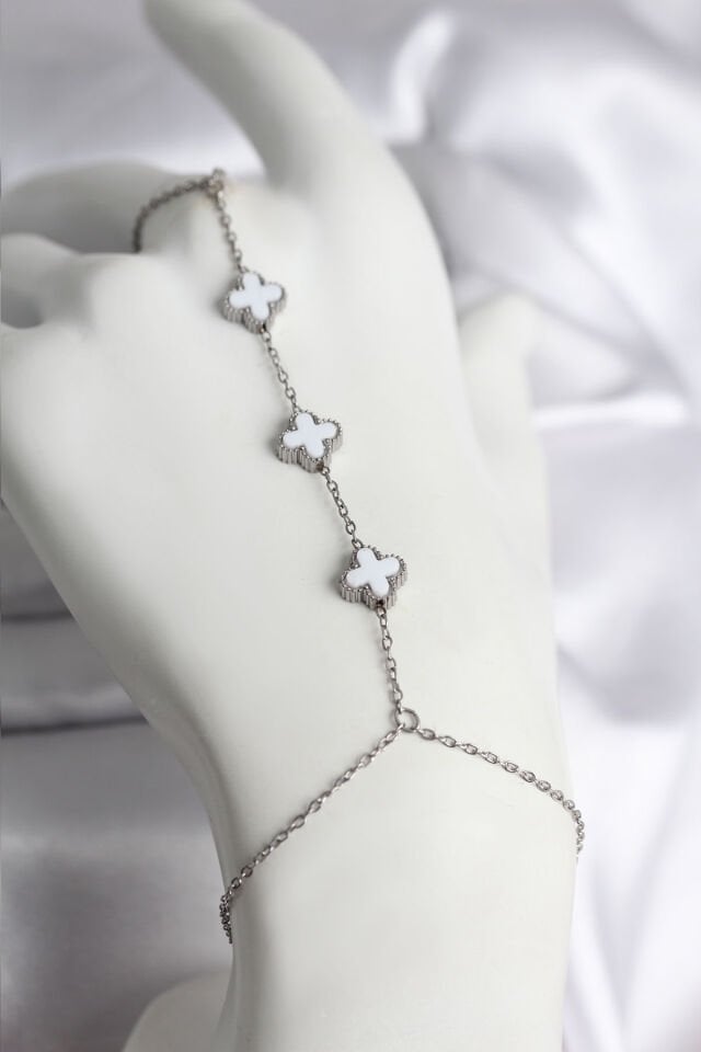 316L Çelik Gümüş Renk Beyaz Yonca Model Kadın Şahmeran