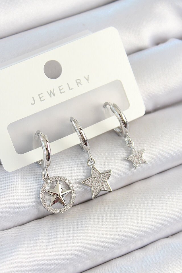 Pirinç Zirkon Taşlı Yıldız Model Gümüş Renk 3'lü Çift Kadın Küpe Set