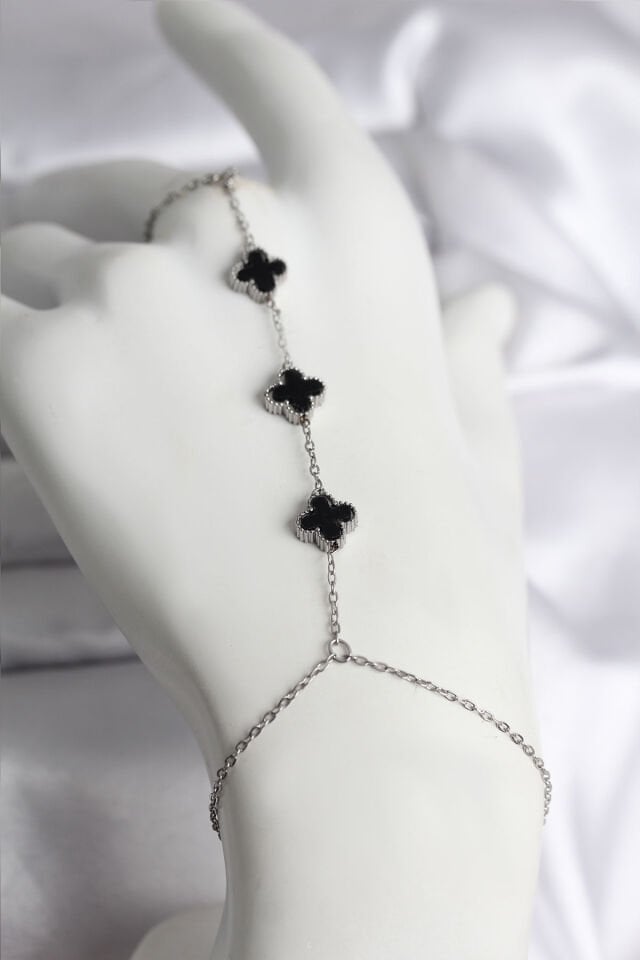 316L Çelik Gümüş Renk Siyah Yonca Model Kadın Şahmeran