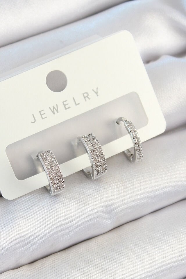 Pirinç Zirkon Taşlı Halka Model Gümüş Renk 3'lü Çift Kadın Küpe Set