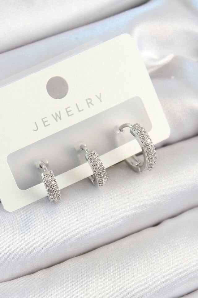 Pirinç Zirkon Taşlı Halka Model Gümüş Renk 3'lü Çift Kadın Küpe Set