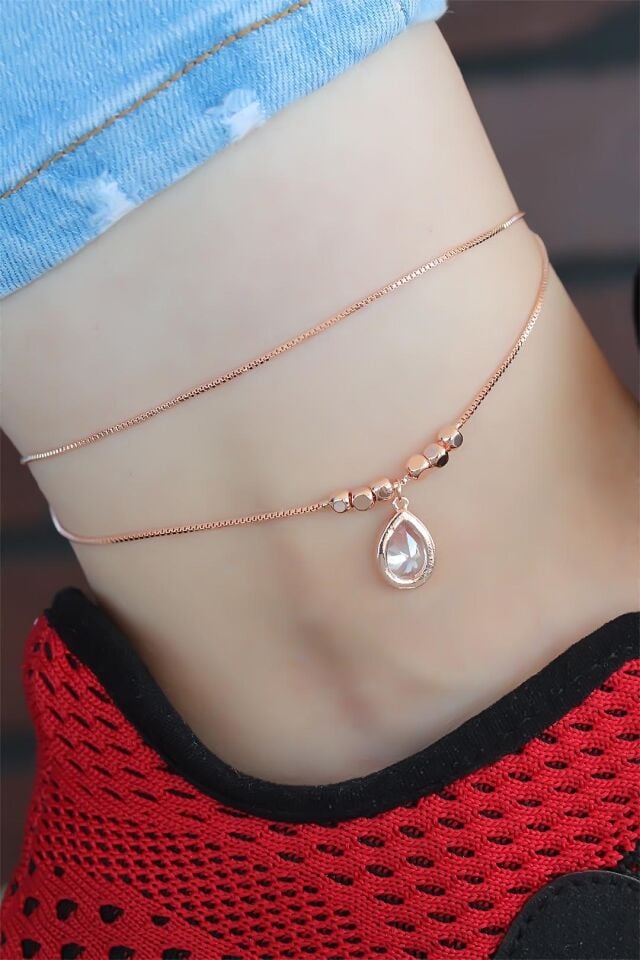 Kristal Taşlı Rose Renk Çift Zincirli Hal Hal