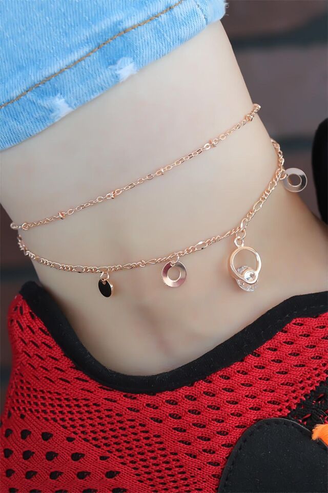 Kristal Taşlı Halkalı Rose Renk Çift Zincirli Hal Hal