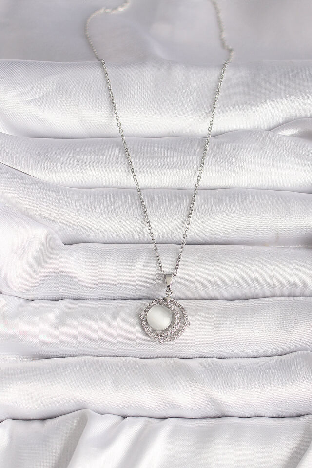 316L Çelik Gümüş Renk Zirkon Taşlı Beyaz Sedefli Hilal Model Kadın Kolye