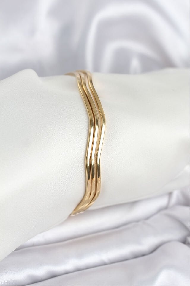 316L Çelik Gold Renk 65 mm Ajda Zikzak Model 3lü Kadın Bileklik