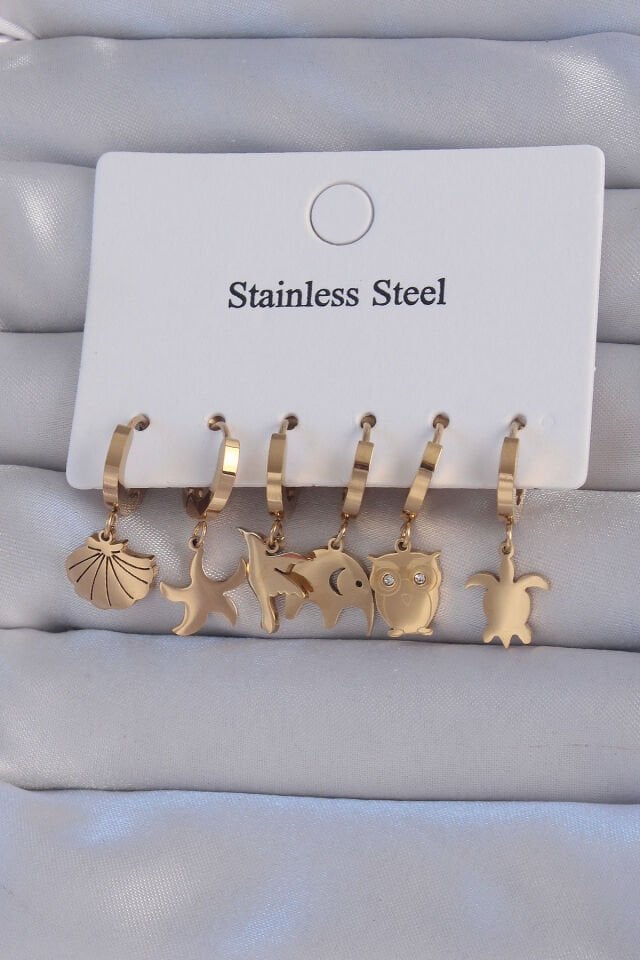 316L Çelik Gold Renk Zirkon Taşlı Hayvan Figürlü Deniz Yıldızı Model Halka Küpe Seti