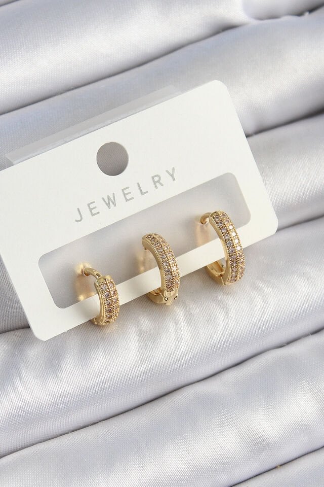 Pirinç Zirkon Taşlı Yıldız Model Gold Renk 3'lü Çift Kadın Küpe Set