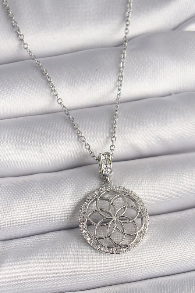 316L Çelik Gümüş Renk Zincir Zirkon Taşlı Lotus Model Kadın Kolye