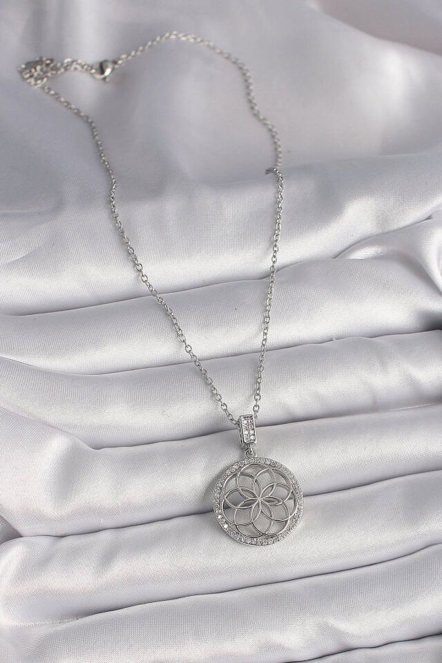 316L Çelik Gümüş Renk Zincir Zirkon Taşlı Lotus Model Kadın Kolye