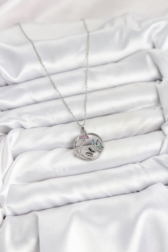 316L Çelik Zincir Gümüş Renk Zirkon Taşlı Kelebekli Kadın Kolye