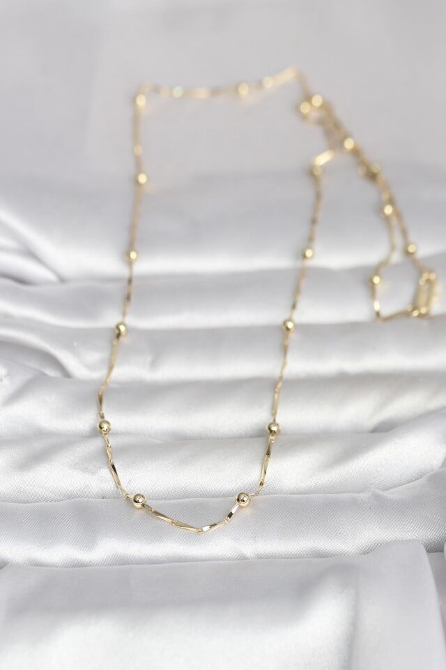 CM 14K Gold Renk Kesme Çubuk Zincir Topçuklu Model 60 cm Kadın Kolye