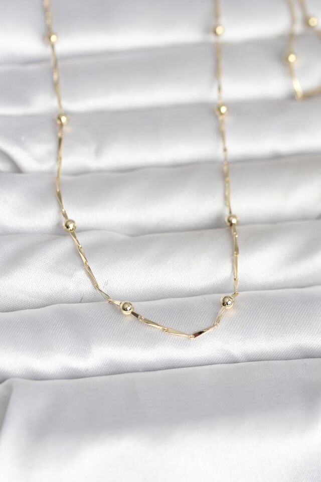 CM 14K Gold Renk Kesme Çubuk Zincir Topçuklu Model 60 cm Kadın Kolye