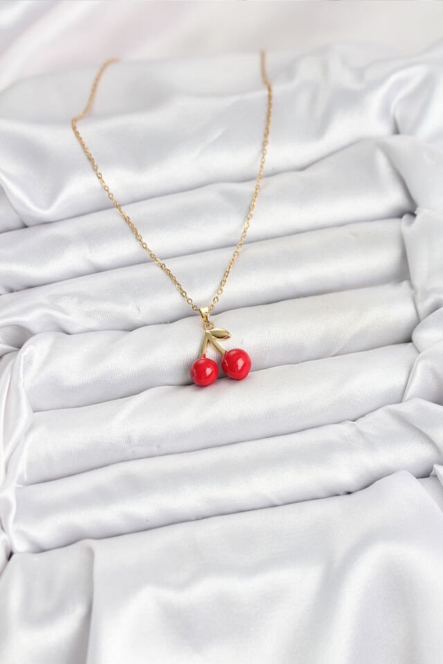 316L Çelik Zincir Gold Renk Kiraz Model Kadın Kolye