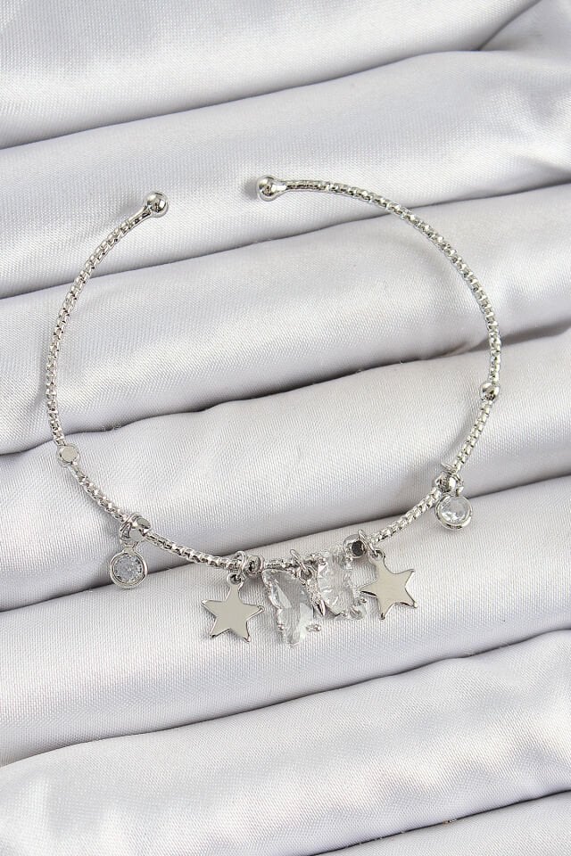 Pirinç Zirkon Taşlı Kelebek Ve Yıldız Model Gümüş Renk Charm Bileklik