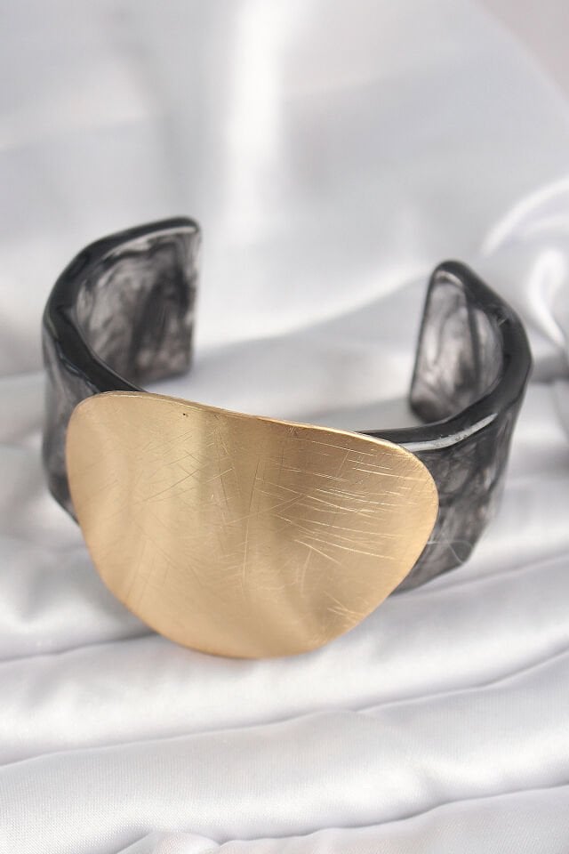 Siyah Mermer Desen Akrilik Plastik Gold Daire Plaka Model Vintage Kadın Bilezik