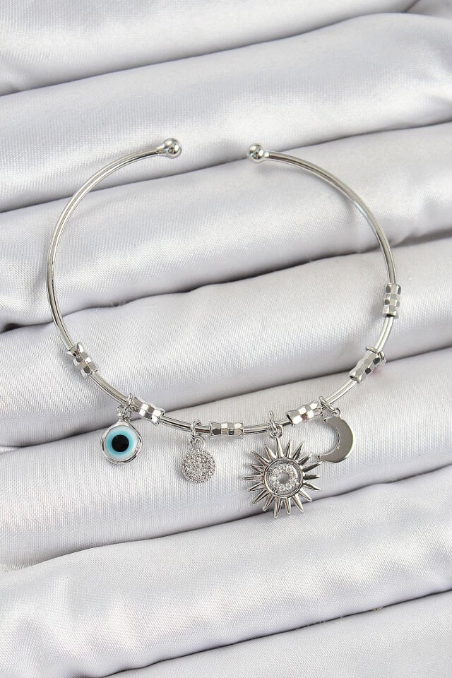Pirinç Zirkon Taşlı Güneş Ay Ve Nazar Model Gümüş Renk Charm Bileklik