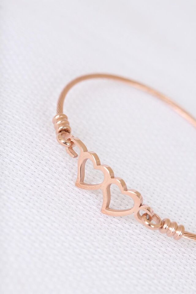 Rose Çelik Çift Kalp Figürlü Erkek Kelepçe Bileklik