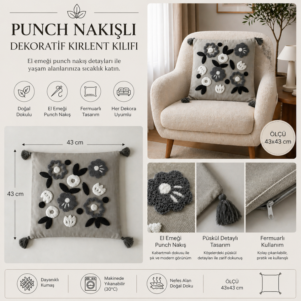 Punch Püsküllü Minimal Çiçek Desenli Kırlent Kılıfı 2'li