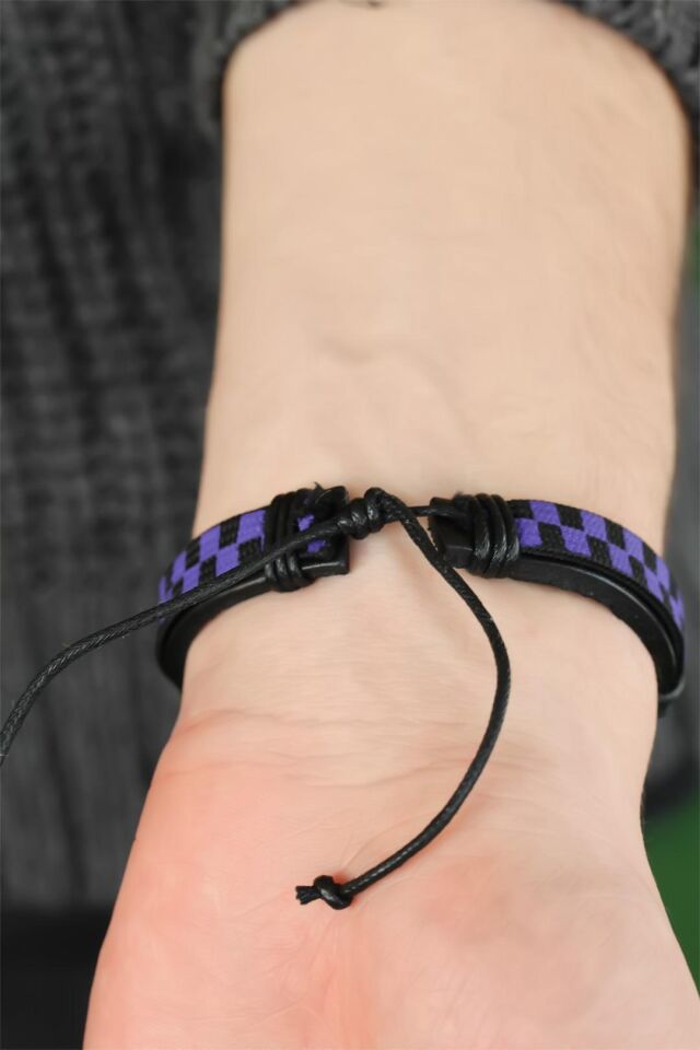 Mor Renk Damalı Deri Erkek Bileklik