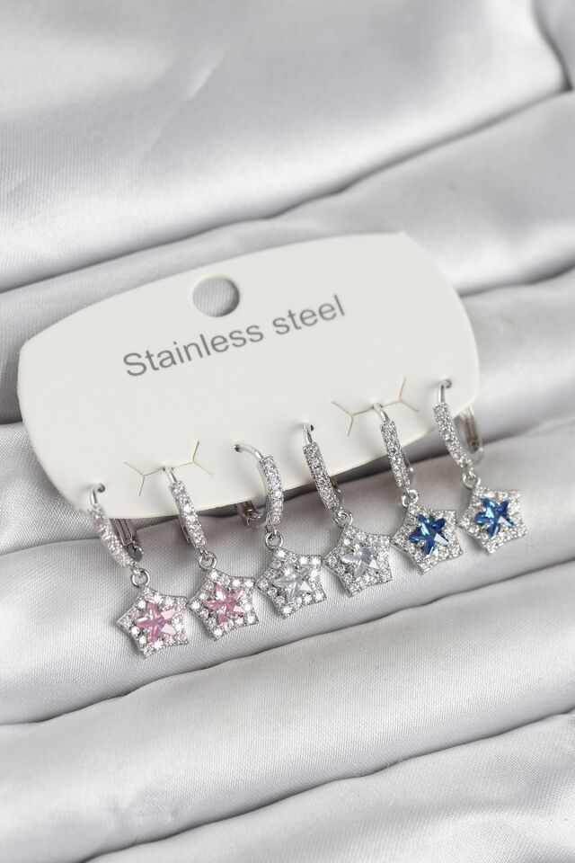 316L Çelik Gümüş Renk Zirkon Taşlı Yıldız Form 6'lı Set Kadın Küpe