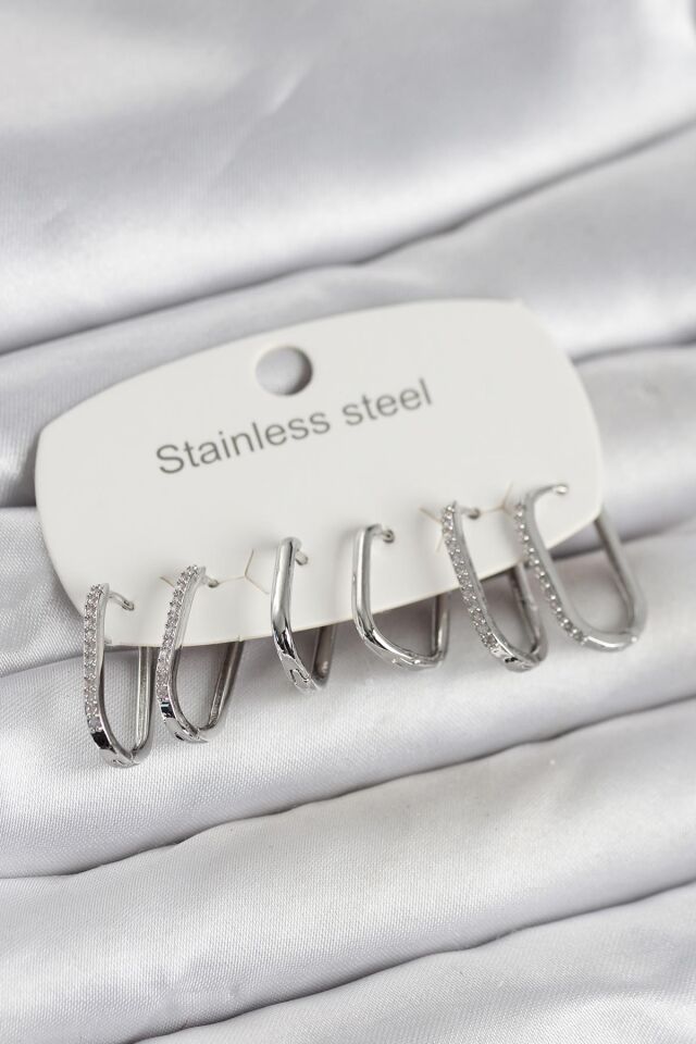 316L Çelik Gümüş Renk 6'lı Set Geometrik Model Kadın Küpe